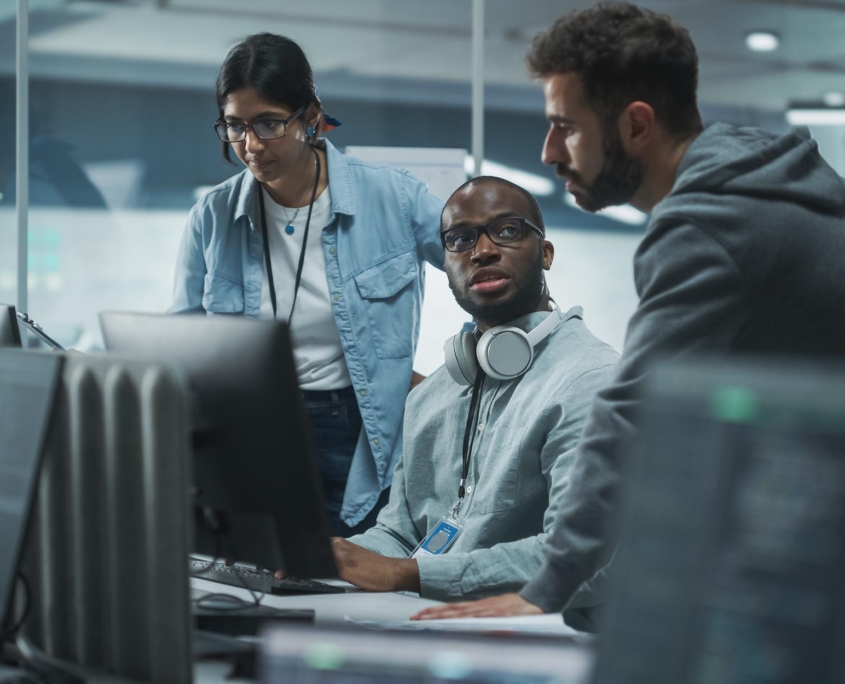 Side view of three cybersecurity professionals working together at a computer