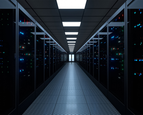 Front row of an aisle of a server room